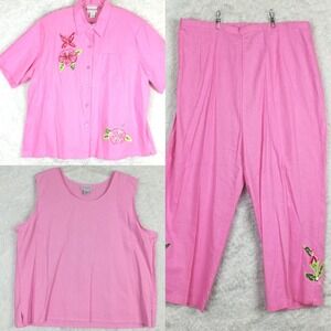 Anna‎ Maxwell Womens Linen Pant Suit 3 Piece Pink Floral Sequins Plus 4X New